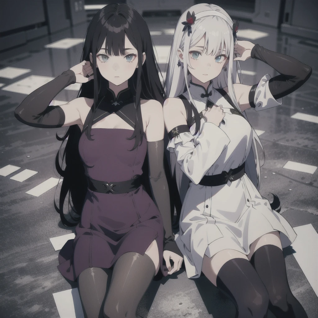 absurd res, high res, (masterpiece:1.4), ultra-detailed, 2girls twin, from above, space, floating, Chinese dress, navy dress, black stockings, silver straight long hair, straight smooth bangs, straight cutted glossy smooth hair, red left and purple right eyes, heterochromia+ each eye different coloured from another, pantyhose, opposite clothes colour