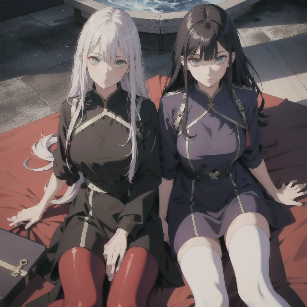 absurd res, high res, (masterpiece:1.4), ultra-detailed, 2girls twin, from above, space, floating, Chinese dress, navy dress, black stockings, silver straight long hair, straight smooth bangs, straight cutted glossy smooth hair, red left and purple right eyes, heterochromia+ each eye different coloured from another, pantyhose, opposite clothes colour