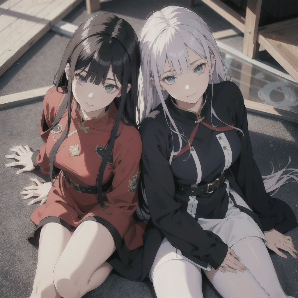 absurd res, high res, (masterpiece:1.4), ultra-detailed, 2girls twin, from above, space, floating, Chinese dress, navy dress, black stockings, silver straight long hair, straight smooth bangs, straight cutted glossy smooth hair, red left and purple right eyes, heterochromia+ each eye different coloured from another, pantyhose, opposite clothes colour