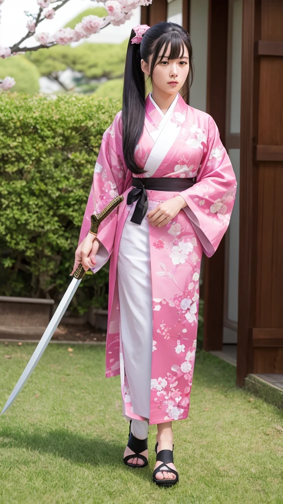 Sakura Jinguji in live action Sakura Wars Long black hair in a ponytail Large hair ribbon Sakura patterned kimono Japanese sword in right hand Full body