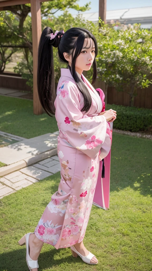 Sakura Jinguji in live action Sakura Wars Long black hair in a ponytail Large hair ribbon Sakura patterned kimono Japanese sword in right hand Full body
