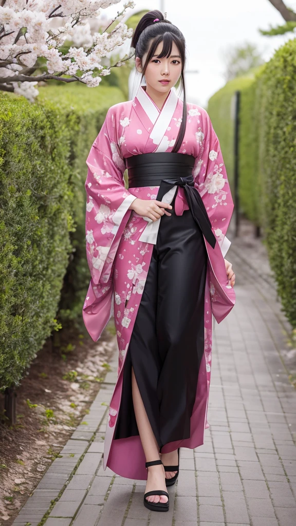 Sakura Jinguji in live action Sakura Wars Long black hair in a ponytail Large hair ribbon Sakura patterned kimono Japanese sword in right hand Full body