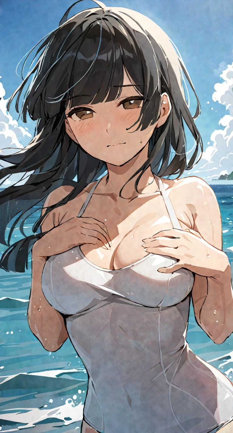 masterpiece,best quality, solo, eda, bangs, black hair, upper body,blue sky,cloud, shy expression, medium , hot, thicc, swimsuit , ocean, water, she is grabing her 