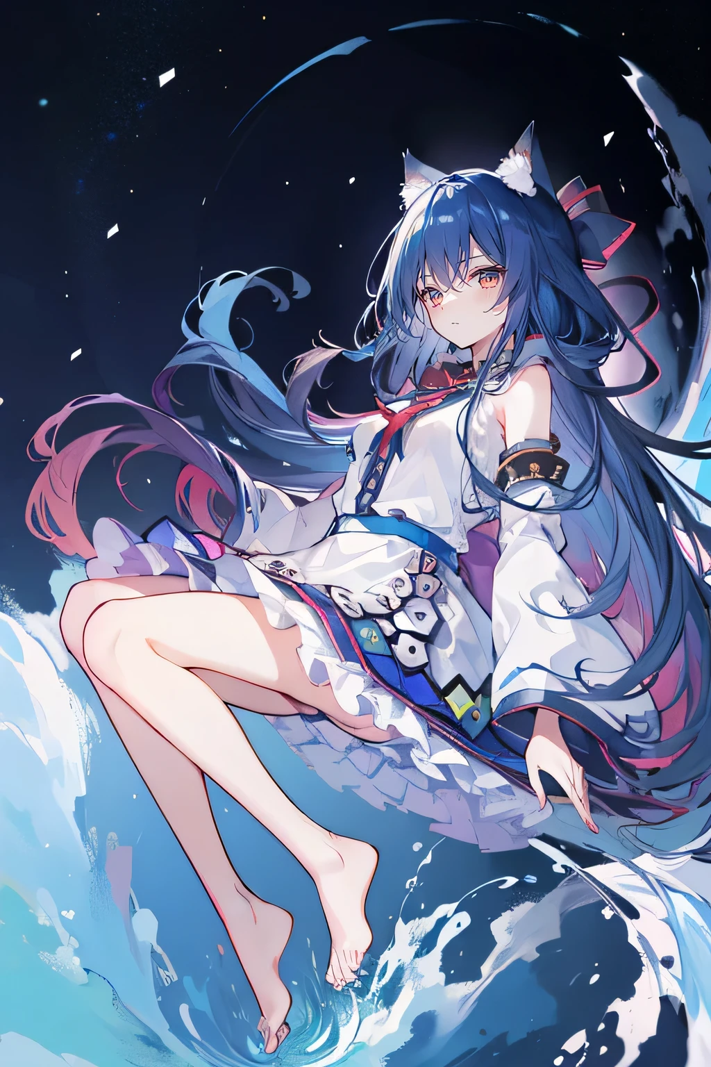 (masterpiece:1.2),Super detailed,lifelike,Expressive eyes,fair skin,perfect face shape,1 girl,
Japanese comics,Gorgeous blue hair,flowing blue hair,flowing clothes,Cat ears,Petals fall,beautiful lola,Baby Angel,
Shaking head with one hand,Cross your legs,Gentle and peaceful background,The pavilion is cool and comfortable,smile, wearing hoodie, background of tokyo,back views,snowing, winter,lie on the water. dark blue gradient hair,asymmetrical hair,((Hair is very thick 1.8,Chiseled hair 1.6)), Hair over the shoulders, Messy hair, Very long hair, shiny hair,(long dark blue hair:1.2),A beautiful girl,(Transparent clothes transparent 1.8),Perfect body,Big thin legs,slender,(Looks very sad,Looks haggard ,sadness,shut your mouth:1.2) Against the backdrop of an unusually bright dark starry sky,(Put your hands behind your back),(round,Room, Strong breasts),barefoot,float,water surface,(long legs,long legs,long legs,Complete)