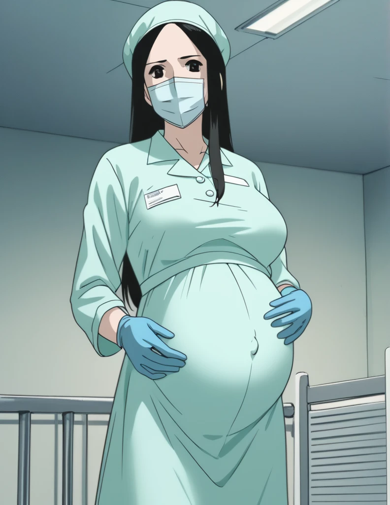 score_9, score_8_up, score_7_up, source_anime, raw image, masterpiece, highest quality, kasuganoray, pale skin, shy eyes, long black hair, big breasts, tits, scrubs, surgical mask, surgical cap, long sleeve maternity dress, seamless, tits, navel head,
1girl, pregnant, solo, rubber gloves, looking down, furrowed brow, hospital bed, light shines from the ceiling, standing