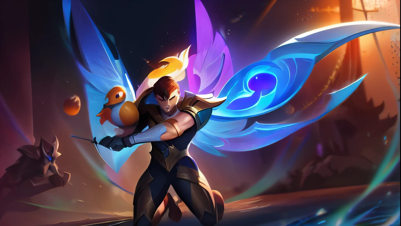 Create splash art in the style of League of Legends with the following features:

main character: Garen from League of Legends Appearance:
White skin Brown hair Muscular body Battle outfit Additional details:
Add holograms around the character Include cybernetic wings coming out of Garen&#39;s back Secondary element:
A mandarin duck, with predominant orange color, must be present in the image Other details:
Garen must be wearing combat shoes His gaze must express intense anger Be careful to maintain the artistic style characteristic of League of Legends splash arts.