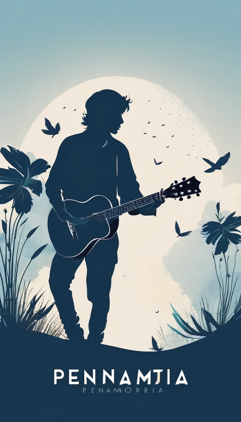 A minimal, modern, simple, cinematic logo design for the brand “Penamemoria". The logo design must be a simple, silhouette of a boy, standing up, playing acoustic guitar and fantasy feather by his side. The logo must convey a sense of music, stories, memories and dreams. Logo design impressed on a book cover. Minimalistic logo. Light blue, white and soft golden as colors for the logo design