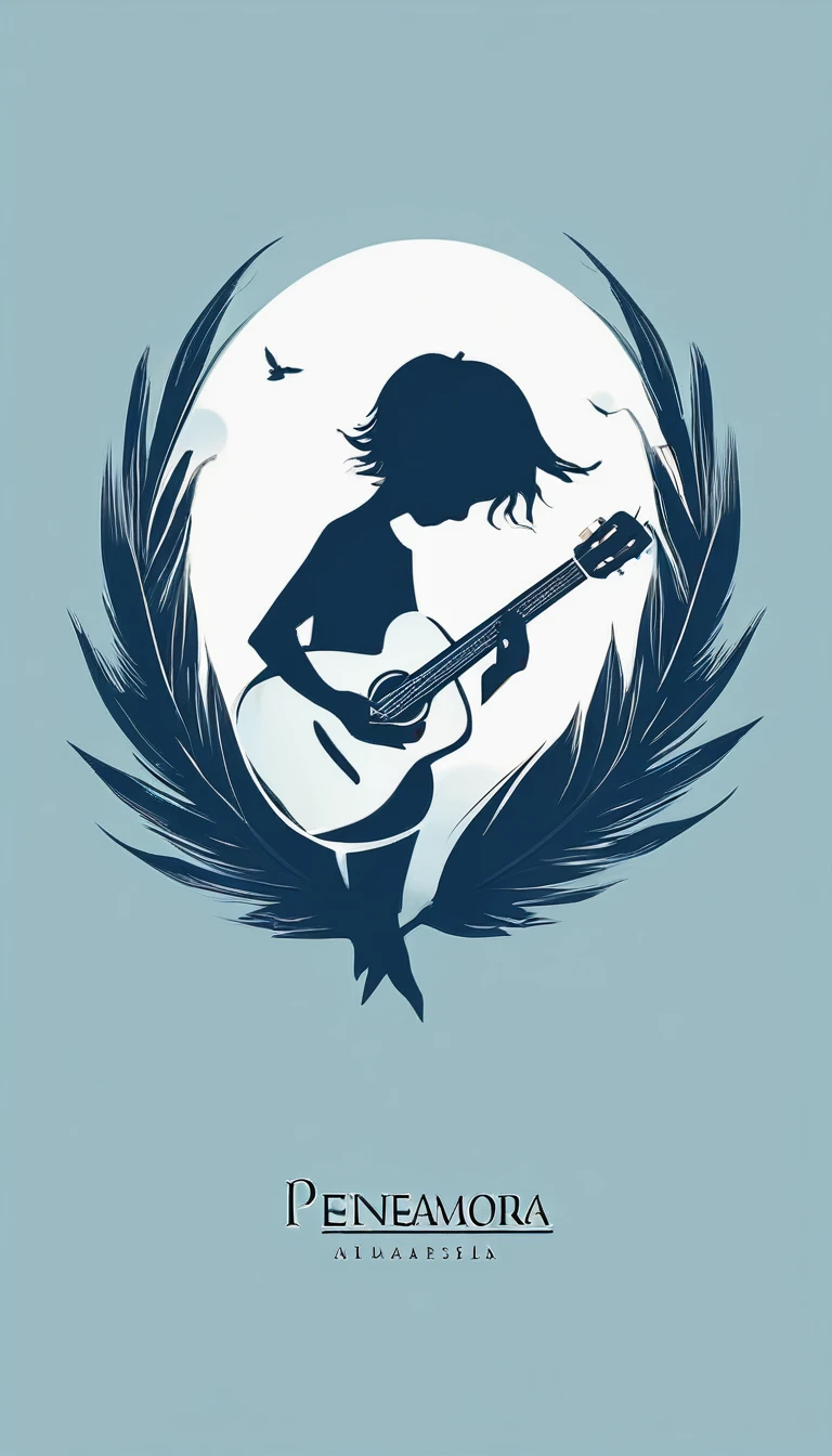 A minimal, modern, simple, cinematic logo design for the brand “Penamemoria". The logo design must be a simple, silhouette of a boy, standing up, playing acoustic guitar and fantasy feather by his side. The logo must convey a sense of music, stories, memories and dreams. Logo design impressed on a book cover. Minimalistic logo. Light blue, white and soft golden as colors for the logo design