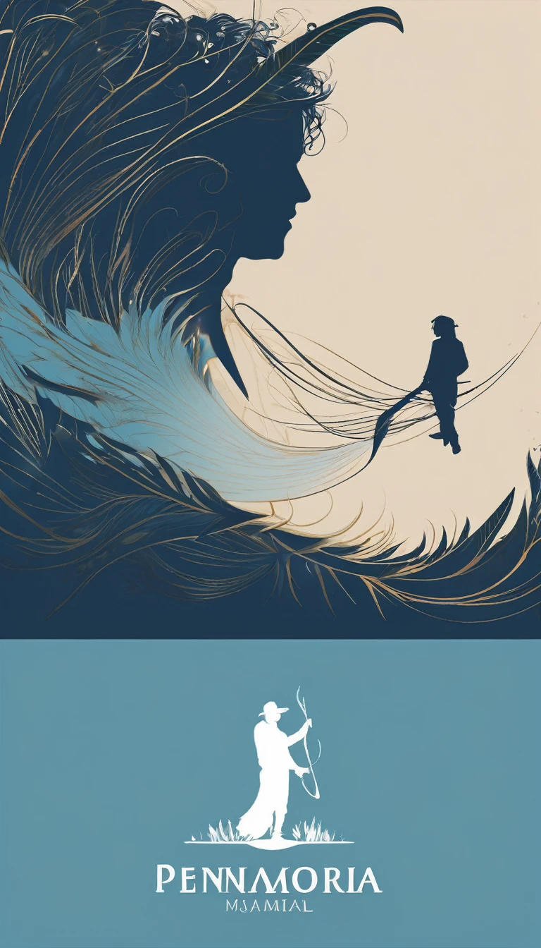 A minimal, modern, simple, cinematic logo design for the brand “Penamemoria". The logo design must be a simple, silhouette of a boy, standing up, playing acoustic guitar and fantasy feather by his side. The logo must convey a sense of music, stories, memories and dreams. Logo design impressed on a book cover. Minimalistic logo. Light blue, white and soft golden as colors for the logo design