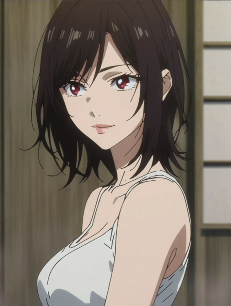 1girl, anime screencap from jujutsu kaisen, solo, very long_hair, ((smooth texture hair)) purple eyes, ((short hair, messy hair, swept bangs, red_eye)), breasts, upper_body, smile, forest background, red_eyes, lips, ((short hair, messy hair, swept bangs, red_eye)) wearing black color clothes, breast, "very detailed and high resolution" (red eyes) ((cross arms))  ((smooth texture hair)) ((solo)) ((high resolution)) (Good quality) 