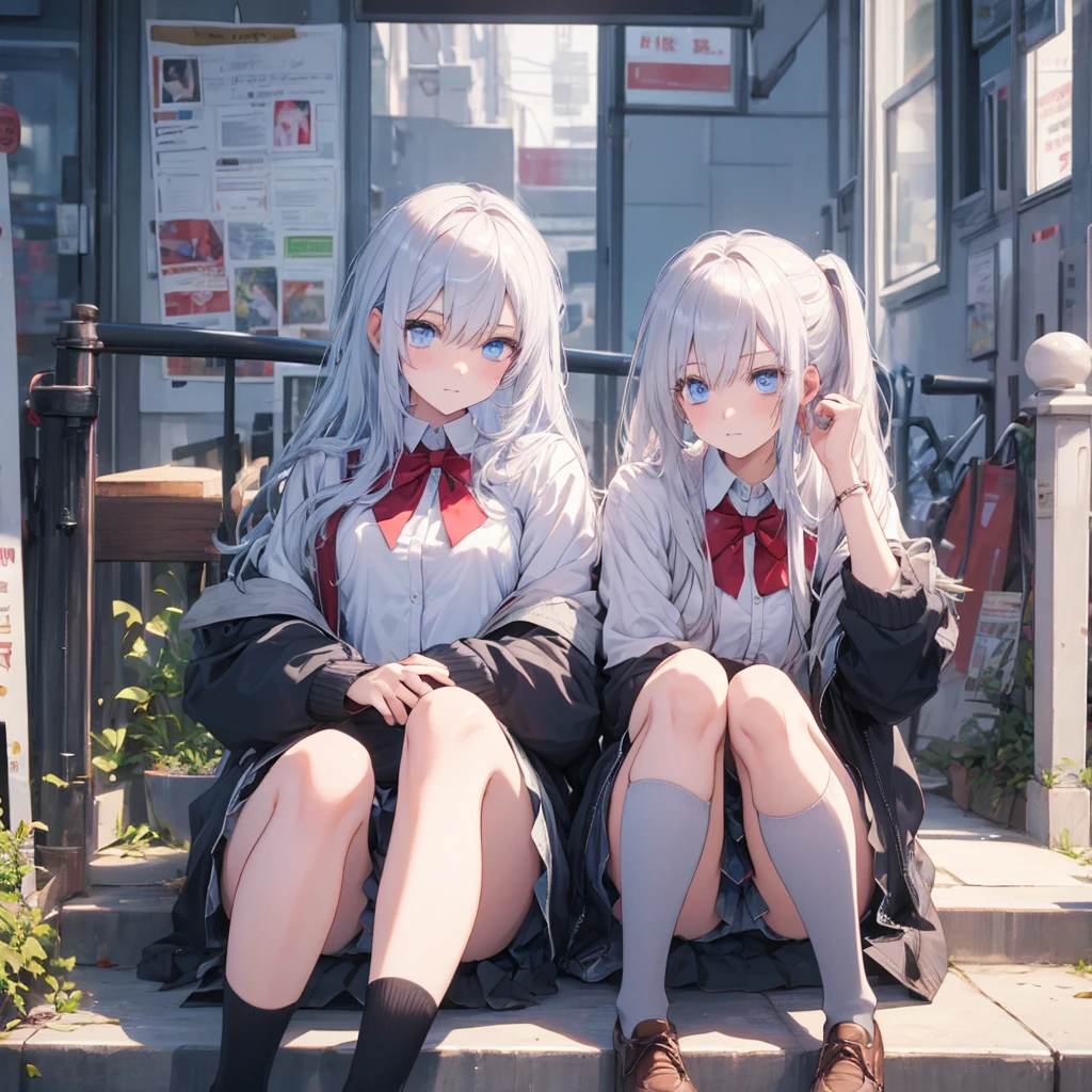 Silver Hair、Blue Eyes、beautiful girl、high school girl。uniform、Knee socks、