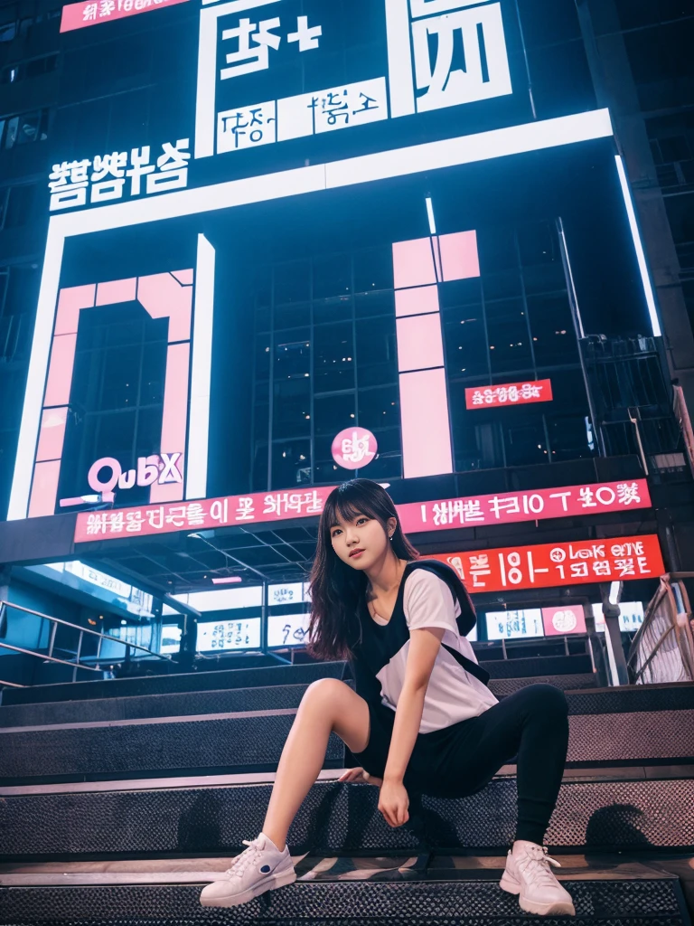 her name is Akira, high quality, 1girl, ((18-year-old chubby JAPANESE woman)), ((18 years old)), ((CHUBBY BODY)), SHORT BOB, pose: sitting, wearing stylish fashionable Generation-Z modern wear different colored, BACKGROUND: In the bustling Myeongdong district, where skyscrapers tower over traditional hanok houses, K-pop dancers perform energetic routines against a backdrop of futuristic LED screens.