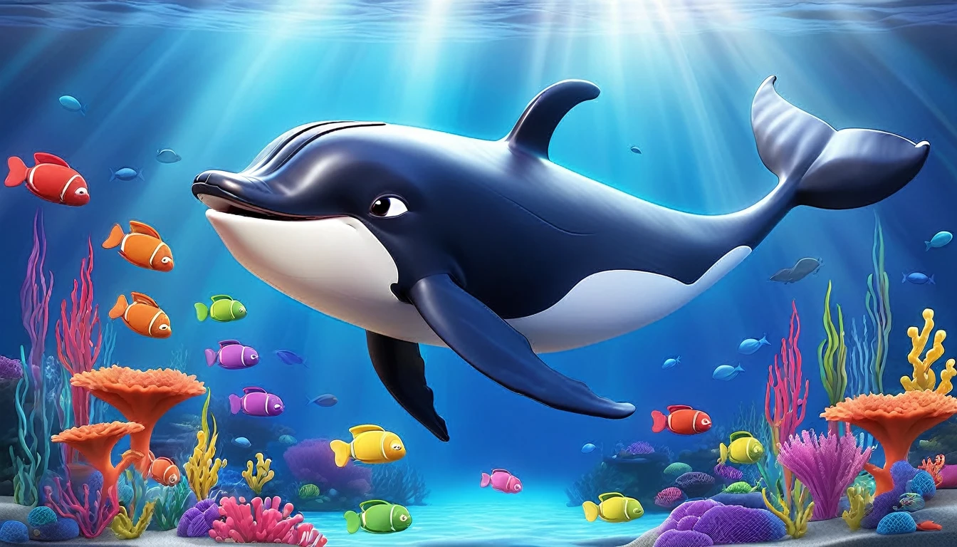 Create a 3-D Pixar style art scene for kids featuring a whale surfacing to breathe air, showing its blowhole. The scene should be colorful and vibrant, with an ocean background, coral reefs, and schools of fish.The overall mood should be engaging and inviting for young children.