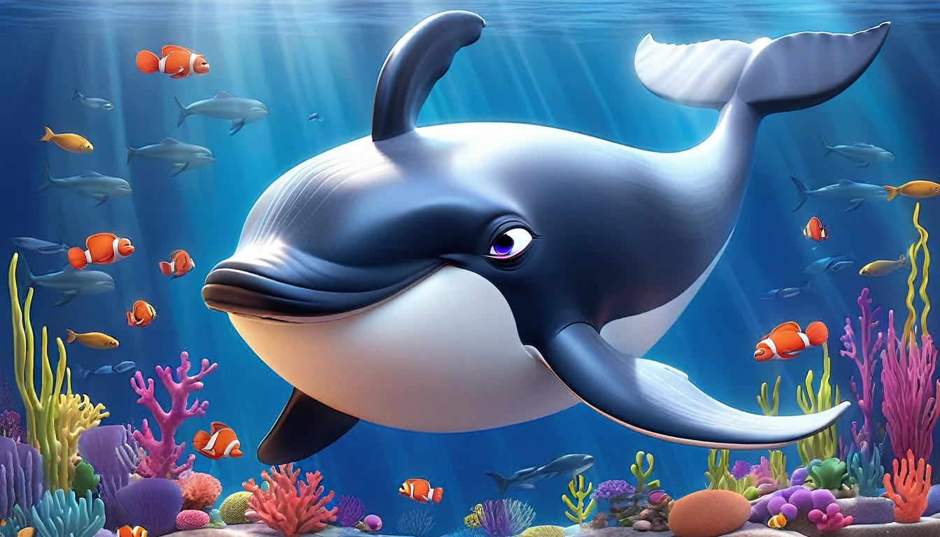 Create a 3-D Pixar style art scene for kids featuring a whale surfacing to breathe air, showing its blowhole. The scene should be colorful and vibrant, with an ocean background, coral reefs, and schools of fish.The overall mood should be engaging and inviting for young children.