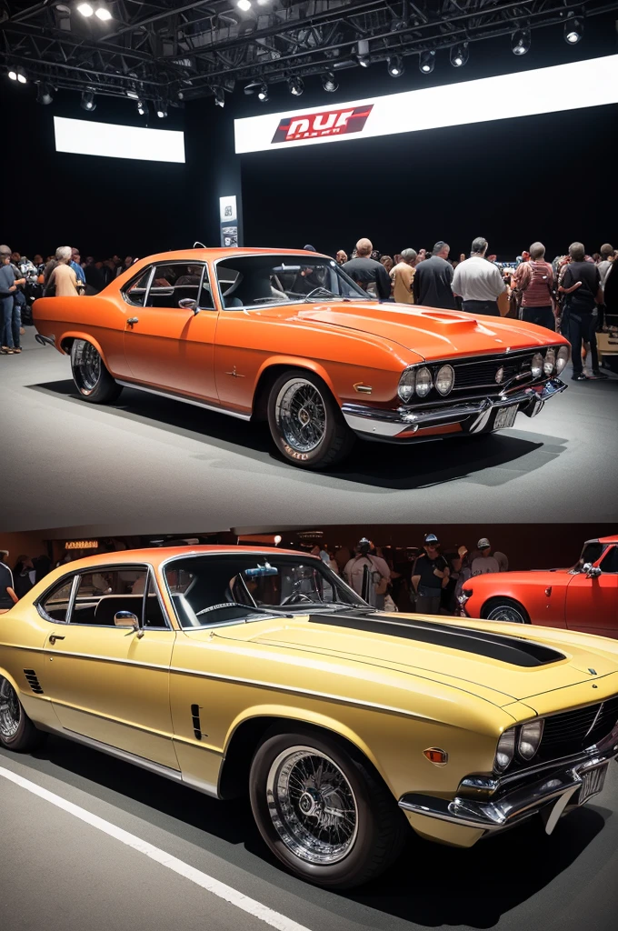 "Describe an urban scenario where a collection of vintage cars, meticulously restored and customized, gathers for a nighttime event. Each car is a unique work of art, featuring extravagant customization details ranging from vibrant paint jobs to impressive mechanical modifications. Engines roar as owners proudly showcase their vehicles, competing in a display of style and technical prowess. Explore how each car reflects its owners' passion for nostalgia and innovation, creating a fascinating contrast between past and present in automotive culture."
