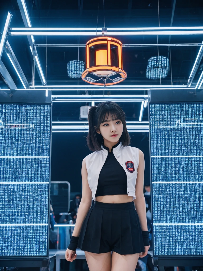 her name is Akira, high quality, 1girl, ((18-year-old chubby JAPANESE woman)), ((18 years old)), ((CHUBBY BODY)), SHORT BOB, pose: sitting, wearing stylish fashionable Generation-Z modern wear different colored, BACKGROUND: In the bustling Myeongdong district, where skyscrapers tower over traditional hanok houses, K-pop dancers perform energetic routines against a backdrop of futuristic LED screens.