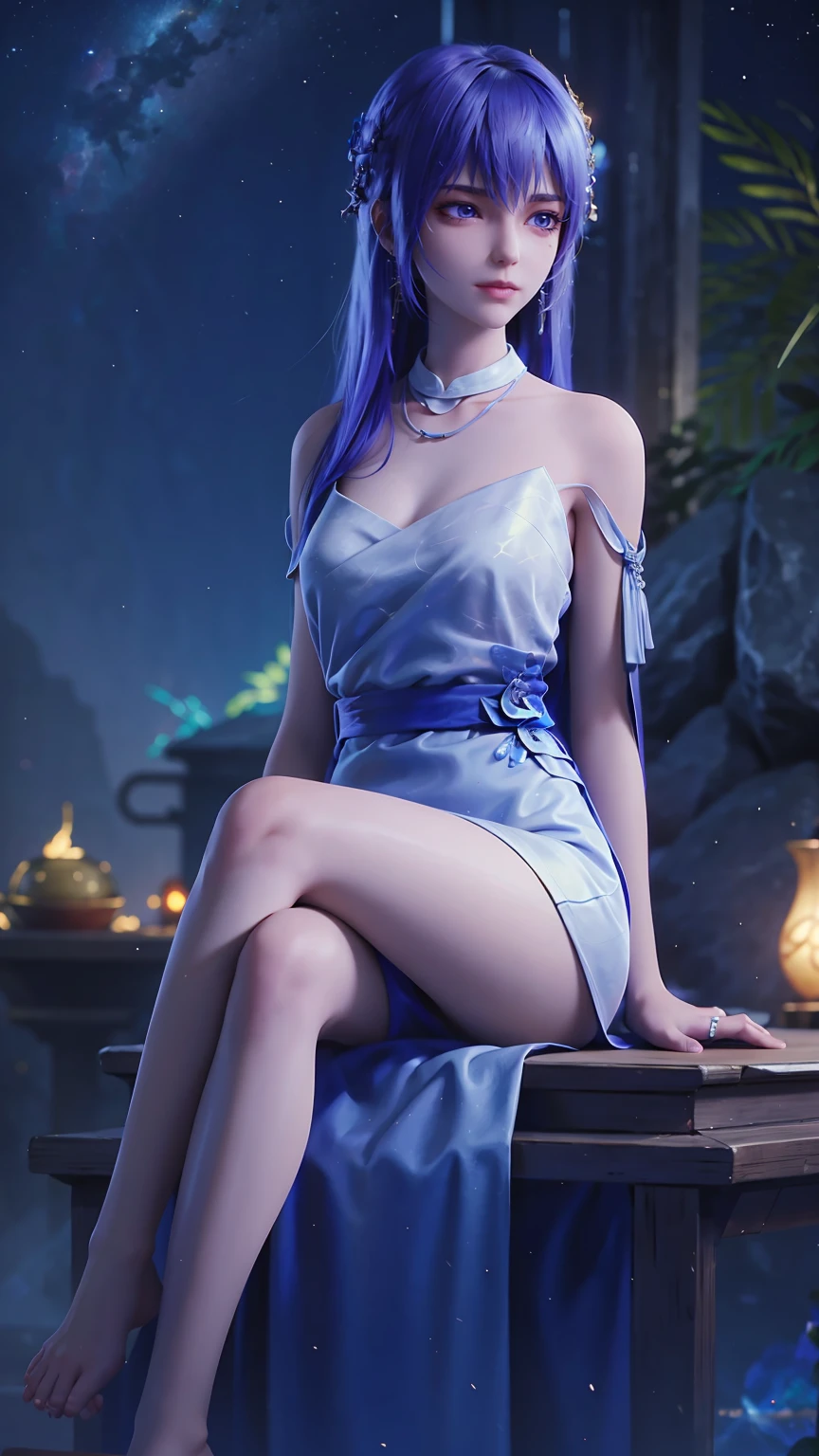 cheongsam,((whole body)), ((Sitting)), ((The hem is long, Sexy long legs)), ((Bare shoulders)),model, Young beautiful girl, Striking an elegant pose, Charming pose, Heat and cold, Beautiful and delicate eyes, Full breasts, slim body, Features, masterpiece, best quality, official art, Rich details, Clear face, Professional lighting, Physically based rendering, Necklace, Light makeup，Starry sky background，Sitting on the stars