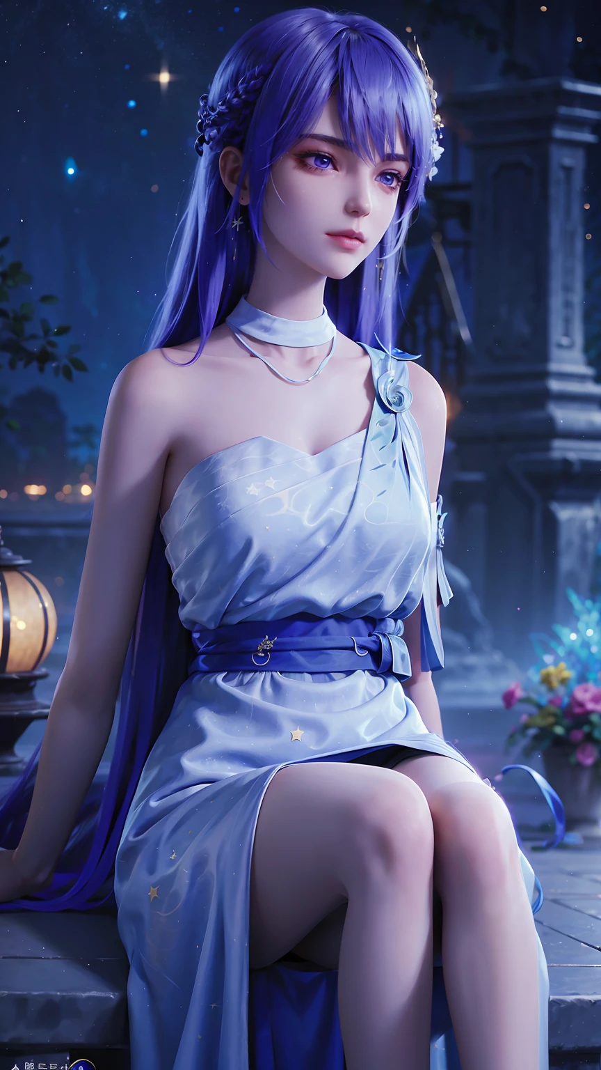 cheongsam,((whole body)), ((Sitting)), ((The hem is long, Sexy long legs)), ((Bare shoulders)),model, Young beautiful girl, Striking an elegant pose, Charming pose, Heat and cold, Beautiful and delicate eyes, Full breasts, slim body, Features, masterpiece, best quality, official art, Rich details, Clear face, Professional lighting, Physically based rendering, Necklace, Light makeup,Starry sky background,Sitting on the stars