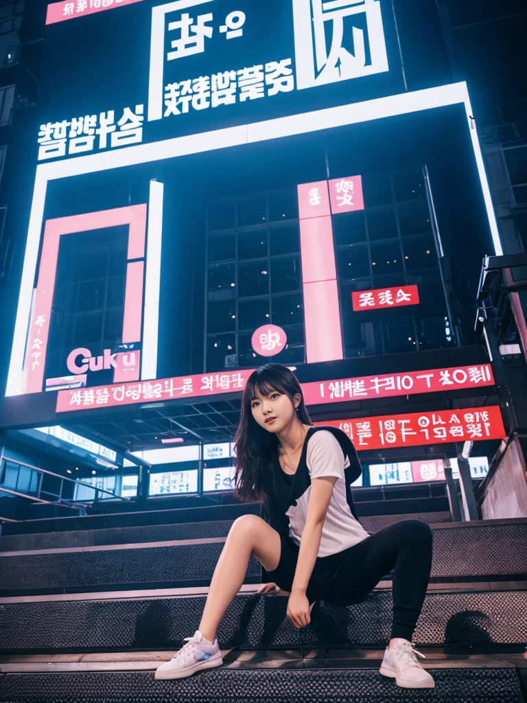 her name is Akira, high quality, 1girl, ((18-year-old chubby JAPANESE woman)), ((18 years old)), ((CHUBBY BODY)), SHORT BOB, pose: sitting, wearing stylish fashionable Generation-Z modern wear different colored, BACKGROUND: In the bustling Myeongdong district, where skyscrapers tower over traditional hanok houses, K-pop dancers perform energetic routines against a backdrop of futuristic LED screens.
