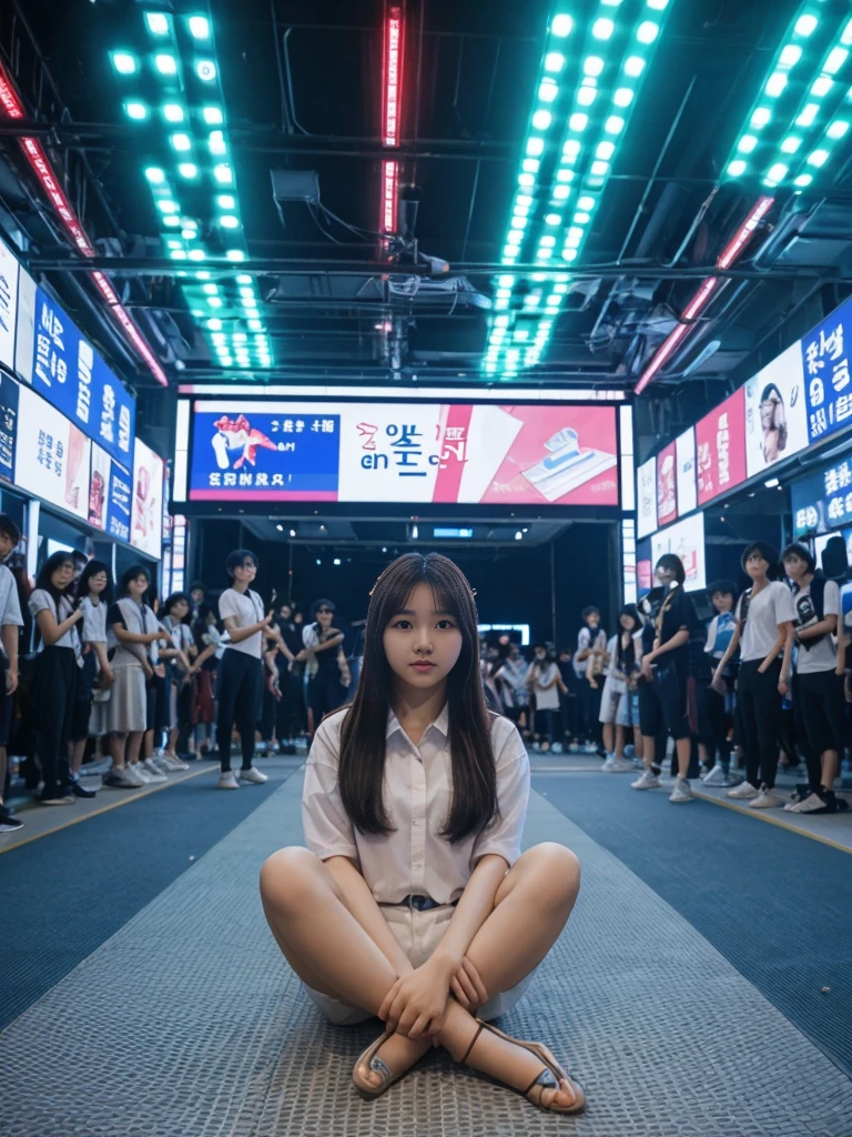 her name is Akira, high quality, 1girl, ((18-year-old chubby JAPANESE woman)), ((18 years old)), ((CHUBBY BODY)), SHORT BOB, pose: sitting, wearing stylish fashionable Generation-Z modern wear different colored, BACKGROUND: In the bustling Myeongdong district, where skyscrapers tower over traditional hanok houses, K-pop dancers perform energetic routines against a backdrop of futuristic LED screens.