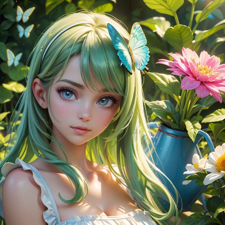 a lush garden, 1girl, beautiful detailed eyes, beautiful detailed lips, extremely detailed face, long eyelashes, holding a watering can, peaceful expression, sunlight, butterflies, blooming flowers, (best quality,4k,8k,highres,masterpiece:1.2),ultra-detailed,(realistic,photorealistic,photo-realistic:1.37),digital painting, vibrant colors, natural lighting, serene atmosphere