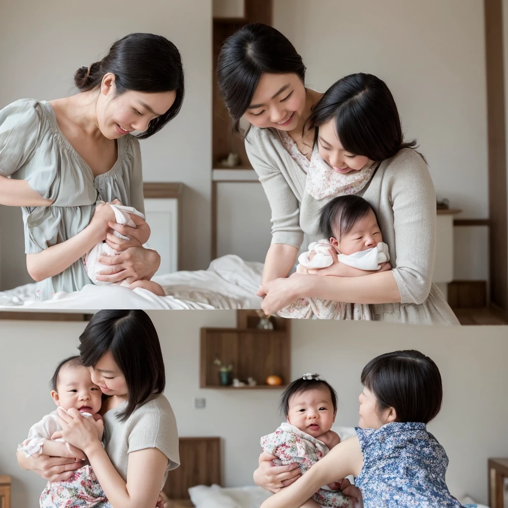 A Japanese woman in her 30s tenderly holds her -mond babyportraits that encapsulate the essence of motherhood。 . The scene is set against the backdrop of a house., Evoking comfort and family love、Capture intricate detail in the highest possible resolution (8K), Ensure every aspect of a serene moment is vividly depicted, Smiling mother looking at her baby、Smiling baboking at his er、Happiness、UNIQLO、Simple clothes、Bring your face closer、Cheek-rubbing、ゃんとBring your face closer、Selfie style with smartphone、Eye to eye、Our eyes meet