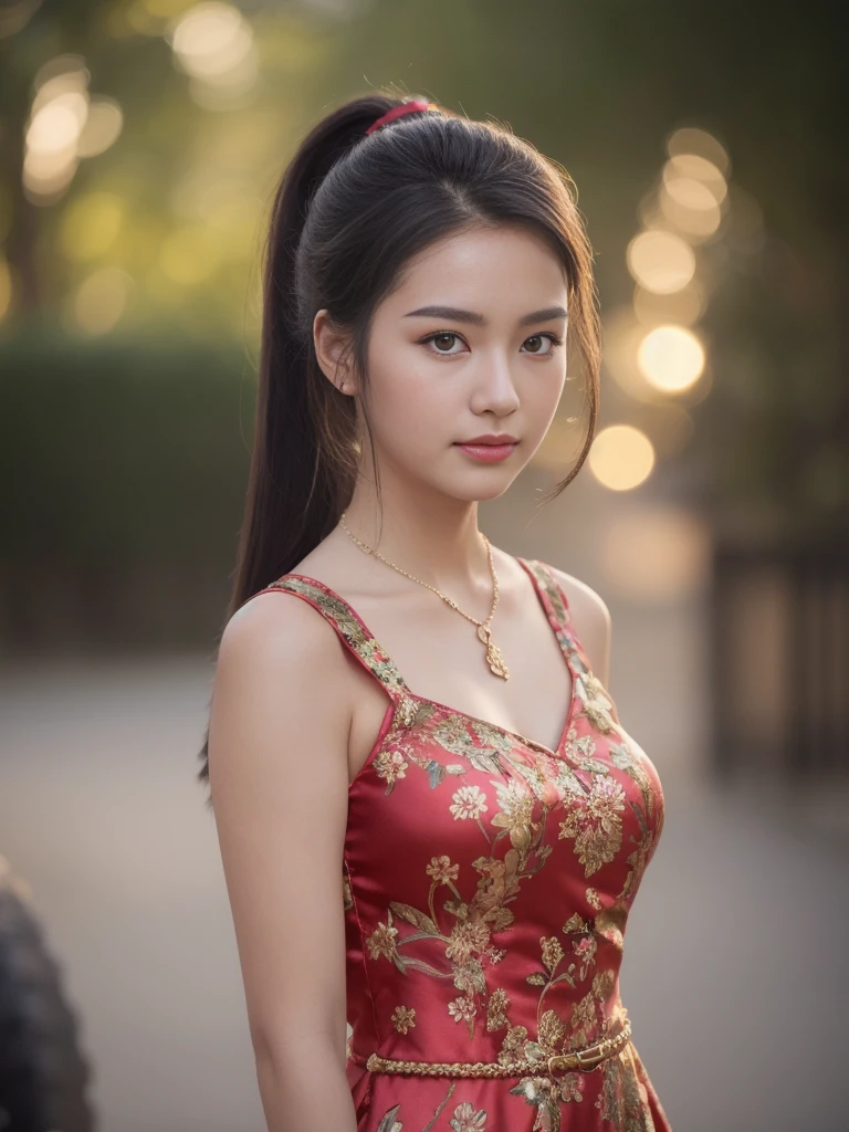 best quality, Masterpiece, height, 1 girl,Chinese dress,The dress is very short, showing off the beautiful proportions., decorationsผม,necklace, decorations,Beautiful face,when_body, Tyndall Effect,realistic, dark studio, Light around the wheel rim, Two tone light,(Highly detailed skin:1.2), 8K เอ่อ, dslr, soft light, High quality, Volumetric light, Straightforward, photograph, high resolution, 4K, 8K, Bokeh, black ponytail hair,
