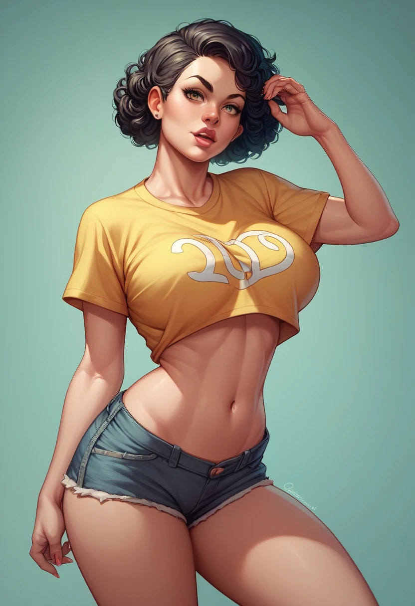 Girl, short curly black hair, false moustache, yellow short-sleeved T-shirt, 23, big breasts, exposed stomach, short shorts, hot, dynamic pose