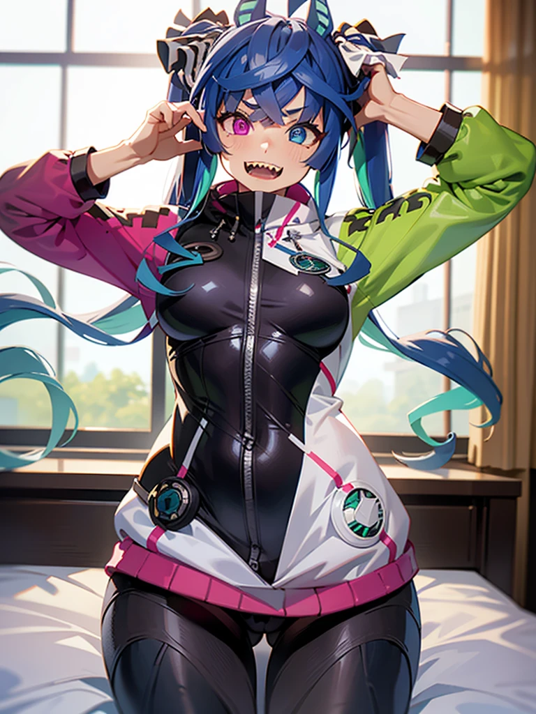(masterpiece、top-quality、hight resolution、Unity 8k Wallpaper、extremely details CG:1), In an empty private room, a female cosplayer poses seductively. She is dressed in an intricate and detailed costume that mimics her character, complete with accessories. The simplicity and lack of other distractions in the room emphasize her sexually alluring costume and pose. The lighting highlights the details of her figure and costume and captures the essence of cosplay. Twin_turbo_umamusume,aqua hair, twintails, heterochromia, purple eyes, blue eyes, sharp teeth, small breasts, multicolored hoodie, black leggings, smugness