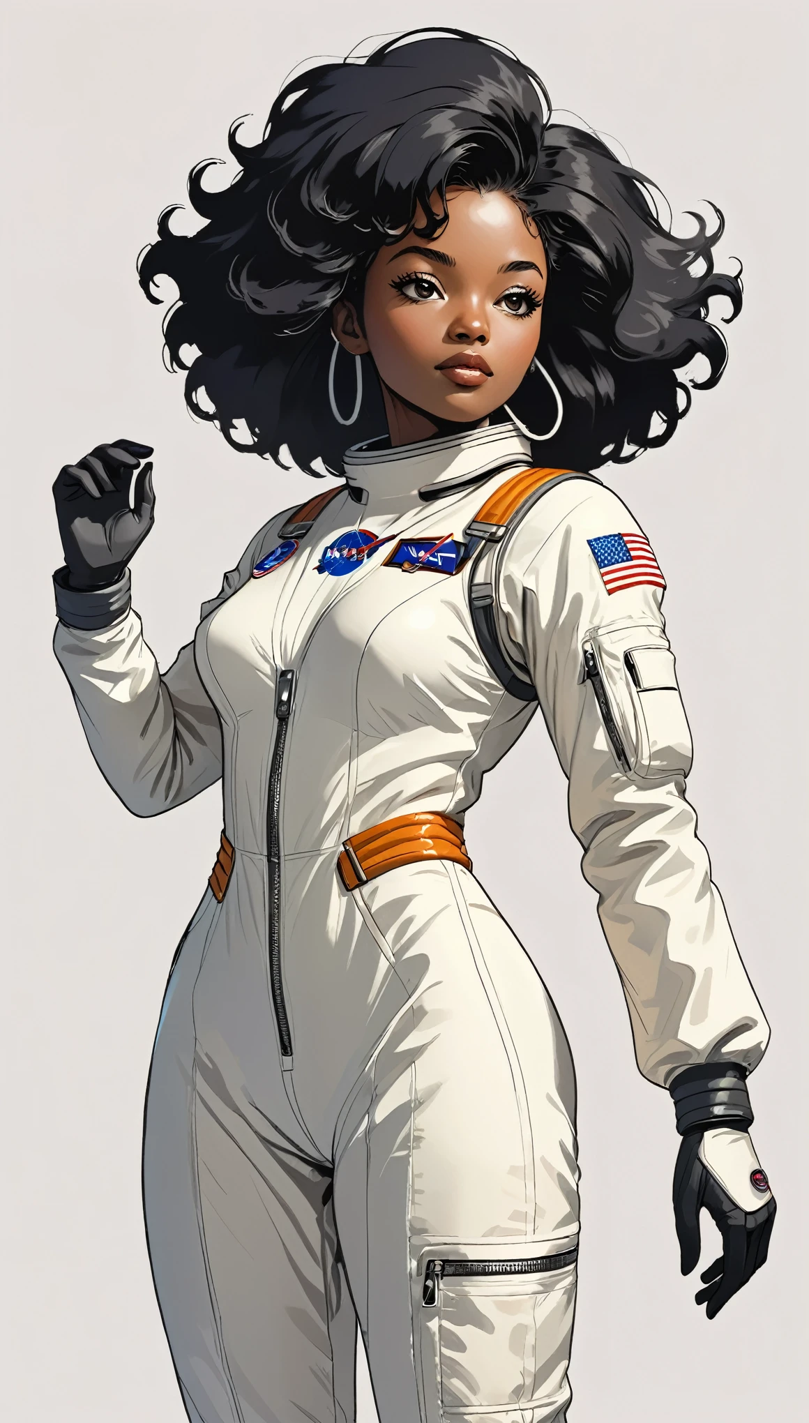 monochromatic、22 years old、woman、Moderate bust、Simple Background、solo、slender、1 person、Superpowers、Small parts floating in the air、Black Hair、Straight Hair、Upper Body、collect light in your hands、Retro spacesuit、nasa、Afro-American