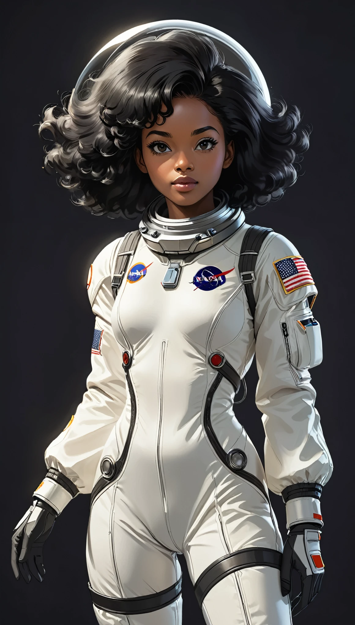 monochromatic、22 years old、woman、Moderate bust、Simple Background、solo、slender、1 person、Superpowers、Small parts floating in the air、Black Hair、Straight Hair、Upper Body、collect light in your hands、Retro spacesuit、nasa、Afro-American