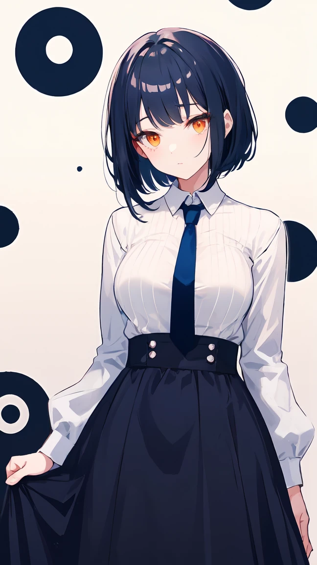 woman with short dark blue hair, dressed elegantly, with straight bangs, elegant, polka dots on her face, tie, orange eyes