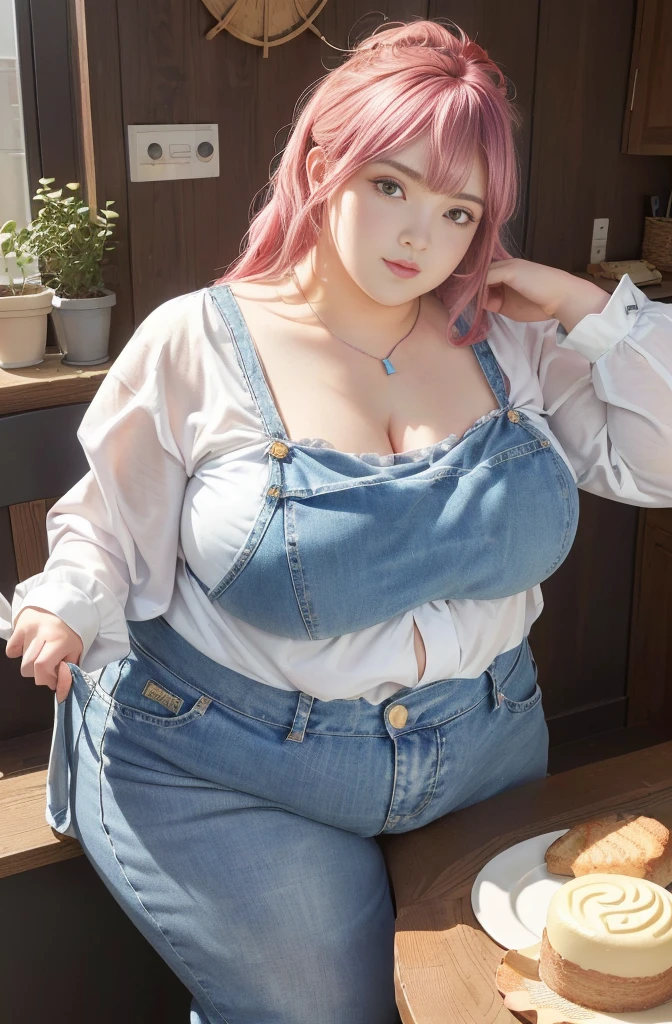 Makima de l'anime "chainsaw man", bbwchan, corps entier, magnifique et ultra détaillée. Ssbbw, obésité morbide, Cheveux rouges, yeux jaunes, visage gras, visage ultra détaillé et doux. Chemise, jupe en jean, pose dynamique, soleil, gris ventre rond et mou sur la table