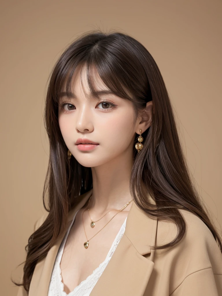 ((Highest quality, 8K, masterpiece:1.3)), concentrate: 1.2, Perfect body beauty: 1.4, Hips: 1.2, ((Long Hair, chest: 1.2)), (Dry clothes: 1.1) , (clear, Simple Background:1.3), Simple clothes: 1.1, Highly detailed face and skin texture,Delicate eyes, double eyelid, Whitened skin, Rough skin、Long Hair、Earrings with bangs、necklace、 solo、Beige coat、White shirt, (((Beautiful girl with cute Japan)))、 ((Beautiful Japanese girl 20 years old))、 ((Baby Face))、 (((Slender body)))、 Upper Body,Face focus、necklace,Simple Background,From above, Realistic Hair、 A photograph was taken:Canon EOS R6、135mm、1/1250 seconds、f2.8、ISO400、(Detailed explanation of the hand)、(Masseter muscle area)、(Exquisite CG)、Long Hair, loose and curly hair、Korean Hair、Long Hair明るいベージュ色、グラデーションハイライトグレージュのゆるふわLong Hairスタイル、