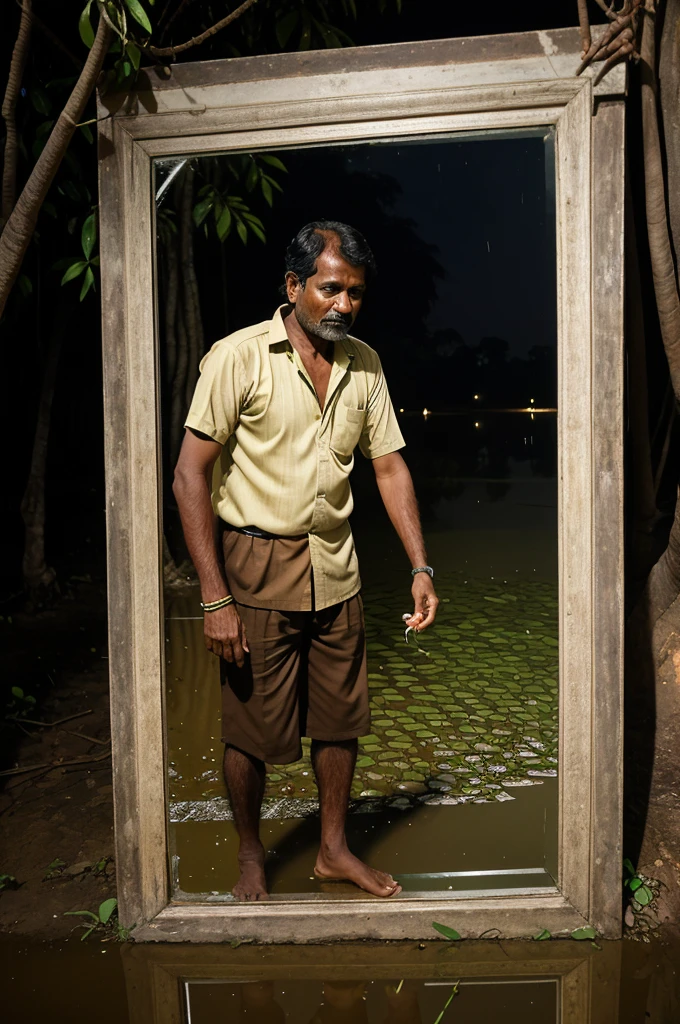 middle aged kerala man urine passed to the cracked mirror on the wall near the banyan tree on the banks of paddy field on a rainy night
