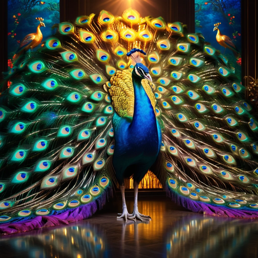 Peacock，Front upright，Peacock开屏，fantasy，Colorful tones，masterpiece，Dramatic ethereal beauty，Panoramic view，Three light sources，reflected light