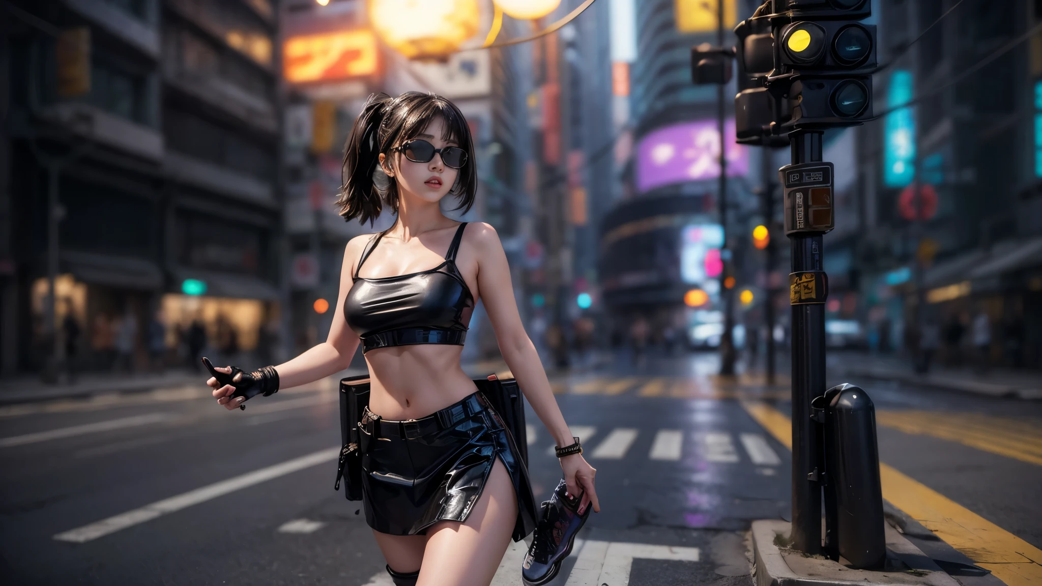 8k, Realistic Skin Texture, Realistic Photo, Neo Tokyo, slim Japanese women, large-breast:1.3 cleavage:1.2, AD2050 at night, Dirty hunting jacket, Wearing tube top, miniskirt, (((black sunglasses, automatic rifle, sneakers, cold, shooting pose, low angle view))), Innovative composition, revenge, cyberpunk, blade runner worldview, Large neon sign, Geisha hologram sign, Strong Wakamoto Sign.