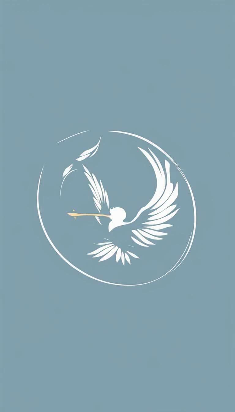 A minimal, modern, simple, cinematic logo design for the brand “Penamemoria". The logo design must be a simple, silhouette of a boy running with his arms open and holding an acoustic guitar and fantasy feather by his side. The logo must convey a sense of music, stories, memories and dreams. Logo design impressed on a book cover. Minimalistic logo. Light blue, white and soft golden as colors for the logo design