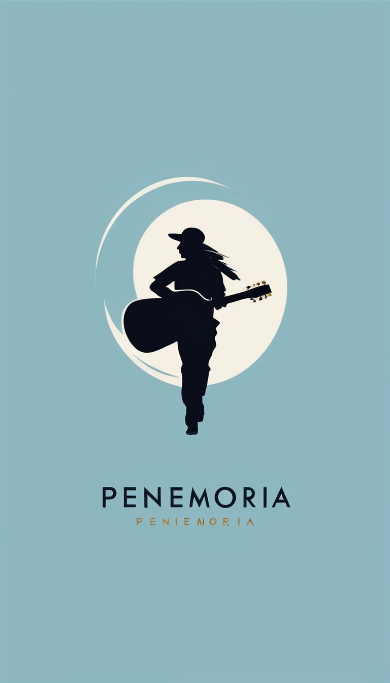 A minimal, modern, simple, cinematic logo design for the brand “Penamemoria". The logo design must be a simple, silhouette of a boy running with his arms open and holding an acoustic guitar and fantasy feather by his side. The logo must convey a sense of music, stories, memories and dreams. Logo design impressed on a book cover. Minimalistic logo. Light blue, white and soft golden as colors for the logo design