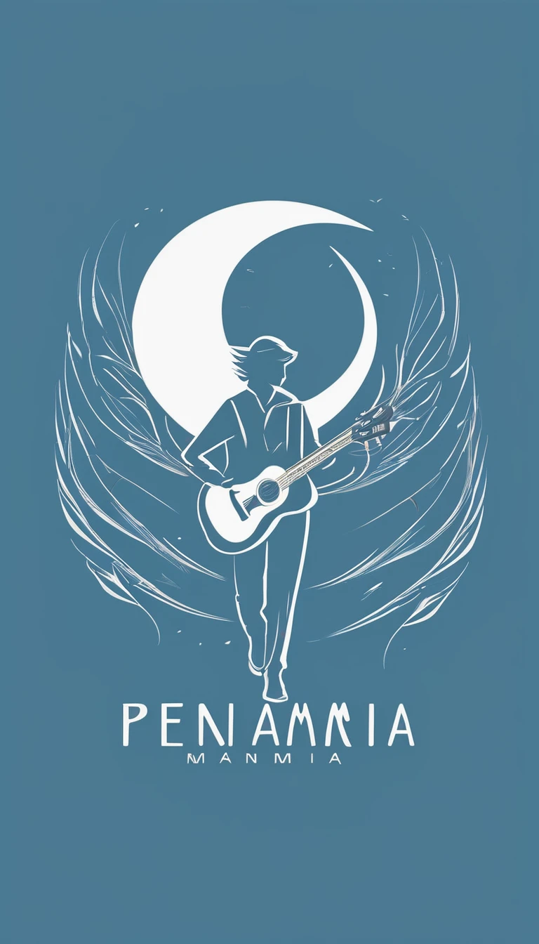 A minimal, modern, simple, cinematic logo design for the brand “Penamemoria". The logo design must be a simple, silhouette of a boy running with his arms open and holding an acoustic guitar and fantasy feather by his side. The logo must convey a sense of music, stories, memories and dreams. Logo design impressed on a book cover. Minimalistic logo. Light blue, white and soft golden as colors for the logo design