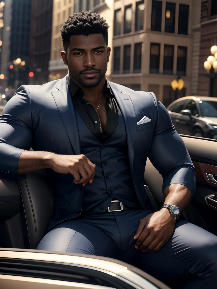 8K,8K resolution,2 Muscular Europeans, handsome man,charming eyes,dark skin,beautiful, smooth and shiny,Full muscles,Thick body hair, (wearing a stylish suit),big bag highlights,Excellent j8,emphasize,Driving a luxury convertible,The car is full of roses,Two men smiling happily,professional lighting,Professional photography,Realistic photos,realistic model,realistic art,Perfect hand details