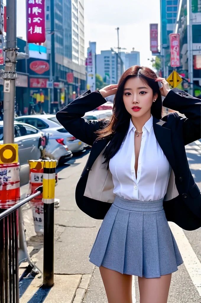 a 16 year old girl, she is the most beautiful actress in the world, the perfect body proportions of this girl, the blazer is firmly the skin of her upper body with it's large breasts are covered 100% by the shirt that's firmly covered by the blazer, it's hard for the short skirt to hide the crotch area between her bare legs, the things she wears are formal, it's only one description of one body, it's from right above her head to shins above her feet are just within this frame, all her body is looking forward to viewer of this, she is standing at the city street, nsfw, best quality, highly detailed, masterpiece, ultra high res, photo realistic, 8k, RAW photo