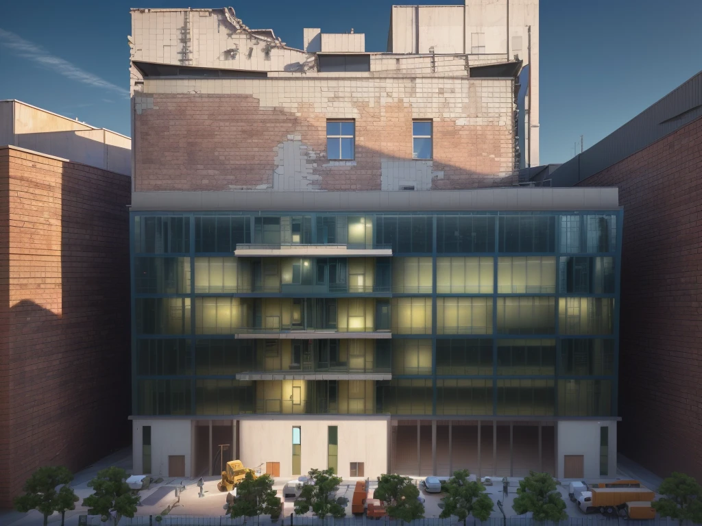 There is a modern factory building on the street,There are many trucks in it, Center Model Building, highly realistically detailed, highly Detailed model, full building, Very detailed composition, hqVery detailed, side view. Very detailed, Extremely detailed architecture, Digital Model, Wide-angle establishing shot, Building exterior, architectural model, Office Building, Detailed model, Orthogonal 3d rendering,masterpiece,High Detail,HD,8K