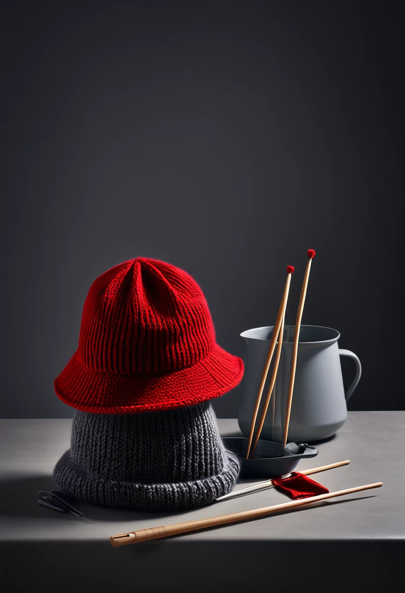 Still life photography, product photo, red knitted hat with bucket hat style, knitting needle, many knitting needle on table, soft dramatic lighting, bright clean background, minimalism style, top angle shot, ultra realistic, 8k, captured with hasselblad analog camera