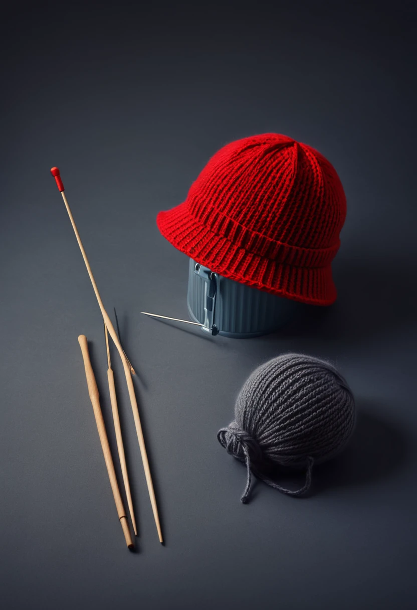 Still life photography, product photo, red knitted hat with bucket hat style, knitting needle, many knitting needle on table, soft dramatic lighting, bright clean background, minimalism style, top angle shot, ultra realistic, 8k, captured with hasselblad analog camera