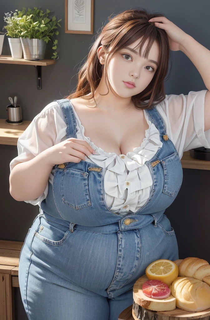 Makima de l'anime "chainsaw man", bbwchan, corps entier, magnifique et ultra détaillée. Ssbbw, obésité morbide, Cheveux rouges, yeux jaunes, visage gras, visage ultra détaillé et doux. Chemise, jupe en jean, pose dynamique, soleil, gros ventre rond et moux