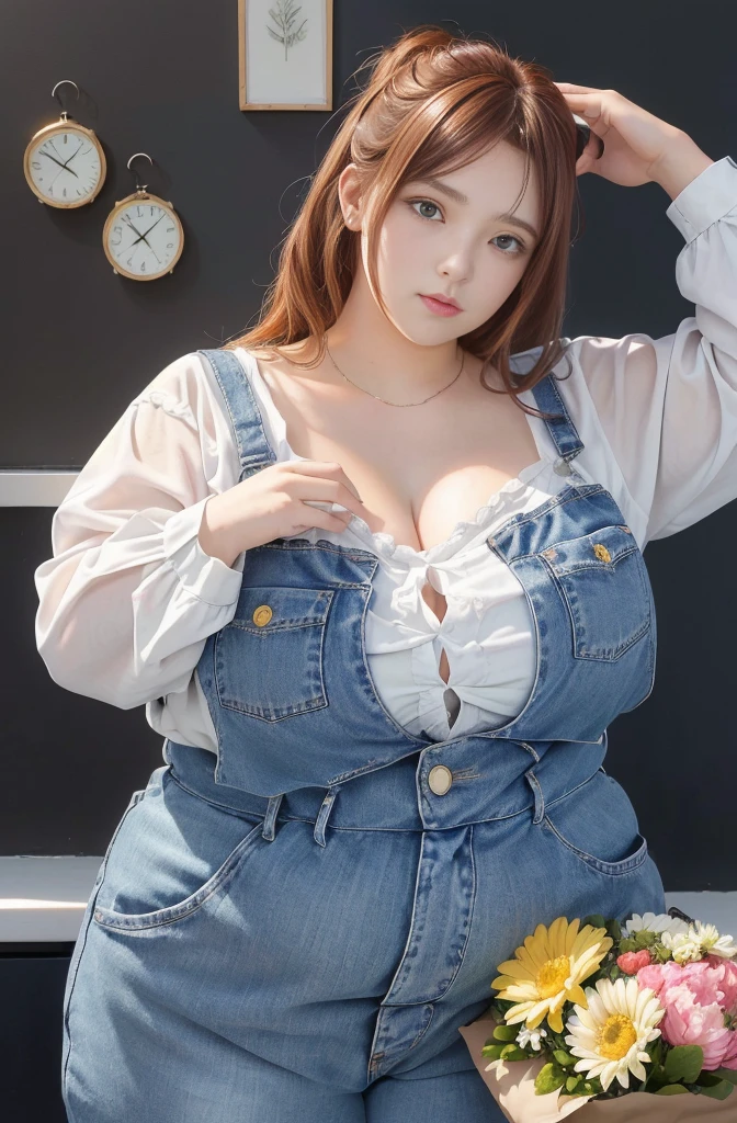 Makima de l'anime "chainsaw man", bbwchan, corps entier, magnifique et ultra détaillée. Ssbbw, obésité morbide, Cheveux rouges, yeux jaunes, visage gras, visage ultra détaillé et doux. Chemise, jupe en jean, pose dynamique, soleil, gros ventre rond et moux 