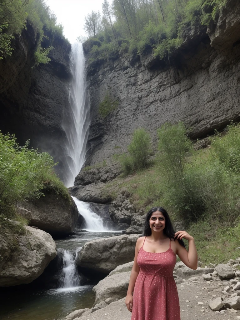 her name is Fatima, a middle-aged Syrian woman, (((snub nose))), (30 years old), (wrinkles), 1girl, solo, (black long hair), smile, wearing sundress outside warm weather Grunas Waterfall, wide shot, upper body and upper legs