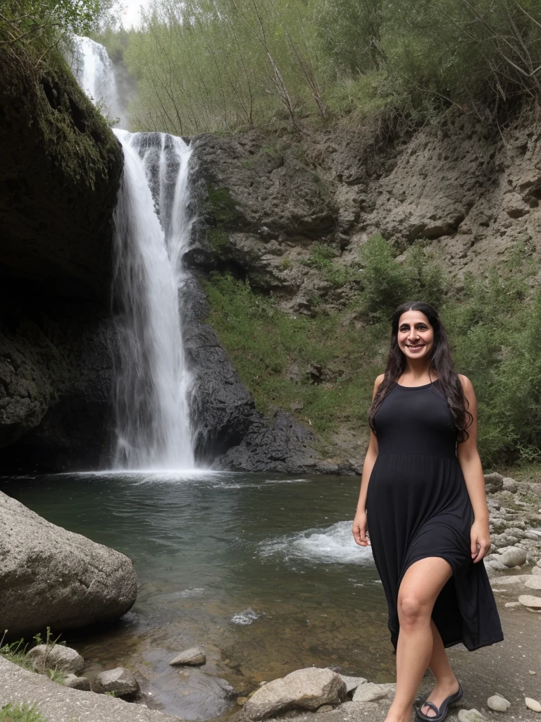 her name is Fatima, a middle-aged Syrian woman, (((snub nose))), (30 years old), (wrinkles), 1girl, solo, (black long hair), smile, wearing sundress outside warm weather Grunas Waterfall, wide shot, upper body and upper legs