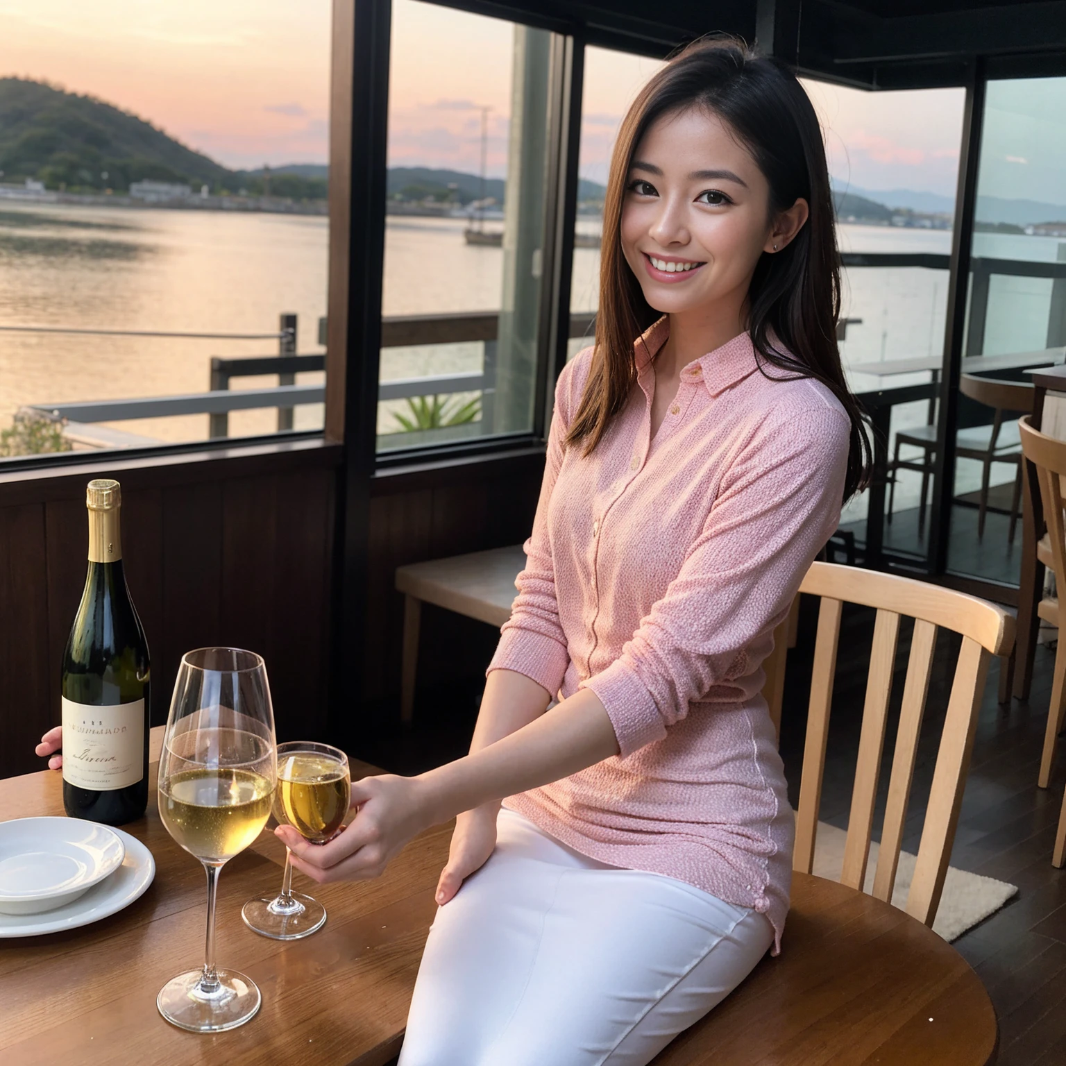 ((Highest quality、、masterpiece:1.3))、1 male、1 female、Satomi Ishihara、 42 years old、Slim Beauty、Pink Couple、smile、 (Slim face), (the body is スリム), (Brown Hair), (Shortcuts), テーブルのフルコースディナーとwine glass、Amazing view of the sunset sky and clouds、smileの美しさ、Wine bottle、sparkling wine、Long sleeve shirt、dress、White wine, red wine, wine glass,
